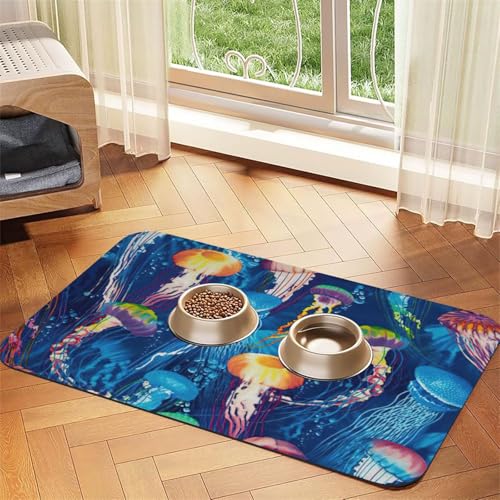 Futtermatte für Hunde, Katzen, Haustiere, saugfähig, Leder, 60 x 40 cm, Motiv: farbige Quallen von SDEGTHO
