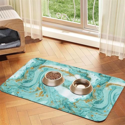 Futtermatte für Hunde und Katzen, saugfähig, Leder, 60 x 40 cm, Türkis / goldfarben von SDEGTHO