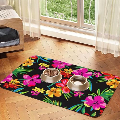 Futtermatte für Hunde und Katzen, saugfähig, Leder, Motiv: Hawaii, bunt, Blumendruck, 60 x 40 cm von SDEGTHO