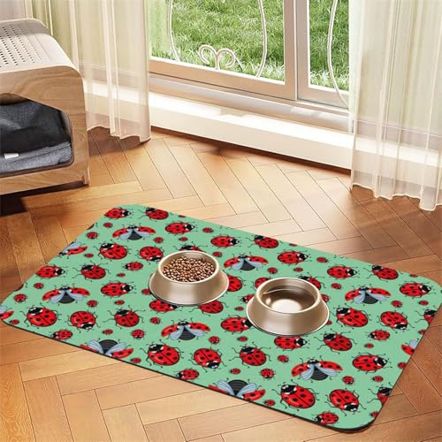 Futtermatte für Hunde und Katzen, saugfähig, Leder, Motiv: rote Marienkäfer auf blauem Hintergrund, 60 x 40 cm, für Katzen und Hunde von SDEGTHO