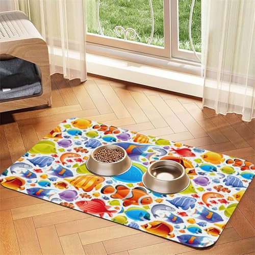 Futtermatte mit Cartoon-Fisch-Druck, für Hunde, Katzen, Haustiere, saugfähig, Leder, Tischdecke, 60 x 40 cm, Katze und Hund von SDEGTHO