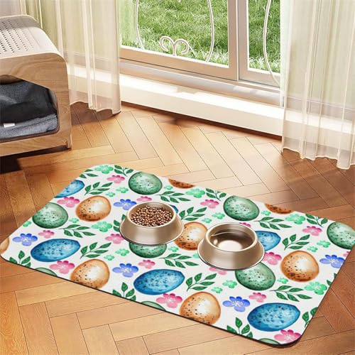 Futtermatte mit Ostereier-Aufdruck für Hunde und Katzen, saugfähige Leder-Tischdecke, 60 x 40 cm, Katze und Hund von SDEGTHO
