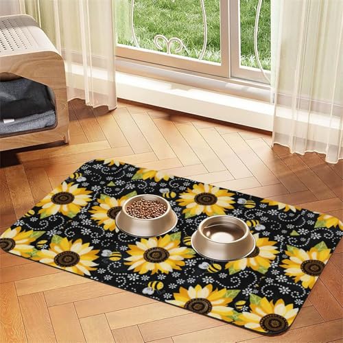 Futtermatte mit Sonnenblumen-Motiv für Hunde und Katzen, saugfähige Leder-Tischdecke, 60 x 40 cm, Katze und Hund von SDEGTHO
