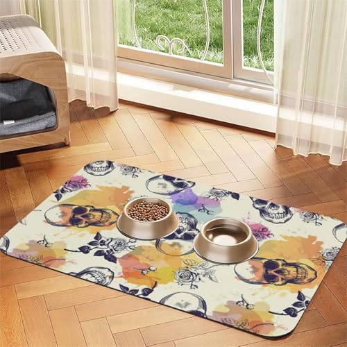 Futtermatte mit Totenkopf-Blumendruck, für Hunde, Katzen, Haustiere, saugfähig, Leder, Tischdecke, 60 x 40 cm, Katze und Hund von SDEGTHO