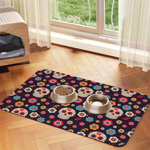 Futtermatte mit mexikanischem Totenkopf-Aufdruck, für Hunde, Katzen, Haustiere, saugfähig, Leder, Tischdecke, 60 x 40 cm, Katze und Hund von SDEGTHO