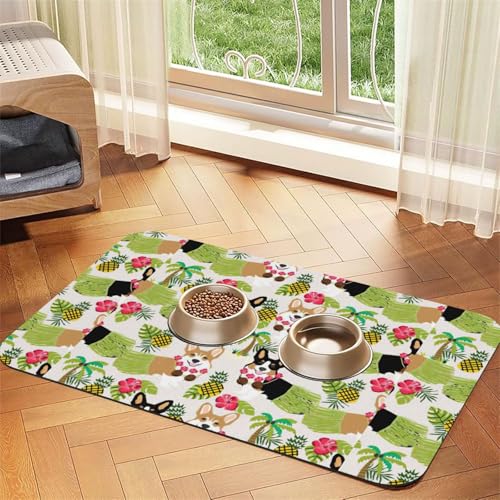 Futtermatte mit tropischen Blumen und Corgi-Druck, für Hunde, Katzen, Haustiere, saugfähig, Leder, Tischdecke, 60 x 40 cm, Katze und Hund von SDEGTHO