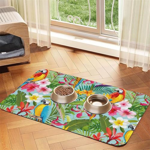 Futtermatte mit tropischen Pflanzen und Papageien für Hunde, Katzen, Haustiere, saugfähig, Leder, Tischdecke, 60 x 40 cm, Katze und Hund von SDEGTHO