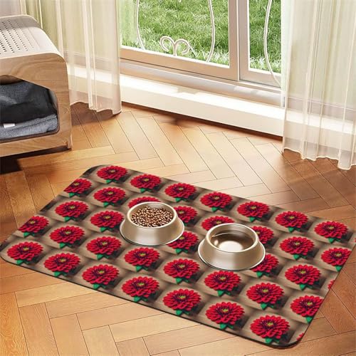 Holzbrett, Retro-Blume, rote Dahlien-Druck, Futtermatte für Hunde, Katzen, Haustiere, saugfähige Leder-Tischdecke, 60 x 40 cm, Katze und Hund von SDEGTHO