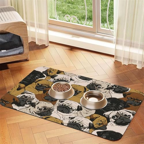 Imagen De Mops, bedruckte Futtermatte für Hunde, Katzen, Haustiere, saugfähige Leder-Tischdecke, 60 x 40 cm, Katze und Hund von SDEGTHO
