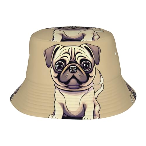 Lustiger Fischerhut mit Cartoon-Motiv Mops, Welpen, Hunde, Schutz, Safari-Kappe, breite Krempe, Fischerhut für Gartenarbeit, Schwarz von SDEGTHO