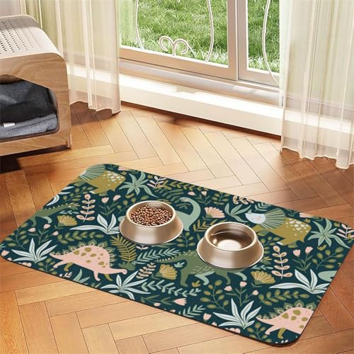 Niedliche Dinosaurier-Druck-Futtermatte für Hunde, Katzen, Haustiere, saugfähige Leder-Tischdecke, 60 x 40 cm, Katze und Hund von SDEGTHO