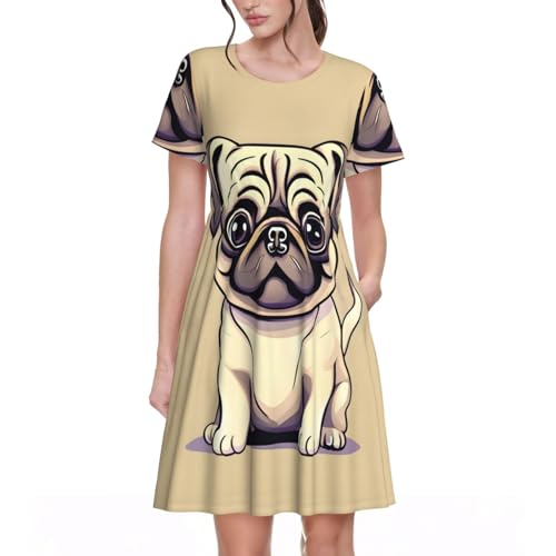 SDEGTHO Lustiges Damen-T-Shirt mit Cartoon-Mops-Motiv, lässiges T-Shirt, kurzärmelig, Sommerkleid für Party, Versammlungen im Freien, mit Taschen, Schwarz, Größe XXL von SDEGTHO