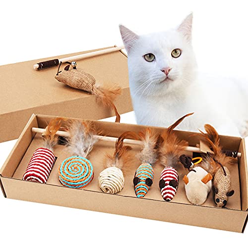 Qanye 7-teiliges Katzenspielzeugset mit Schnullern, Mäusen, Süßigkeiten und kleinen Kugeln, zum Necken und Interaktion von Grehge