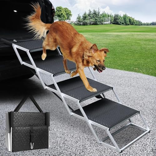 SDLDEER Hundetreppe Auto, Hunderampe Auto klappbar, Einstiegshilfe Hund Auto für alle Fahrzeuge nutzbar, Höhenverstellbar, Belastbar bis 80 kg (4 Stufen 70-90cm) von SDLDEER