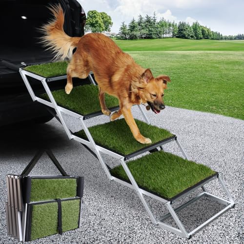SDLDEER Hundetreppe Auto, Hunderampe Auto klappbar, rutschfeste Kunstrasen-Oberfläche, Einstiegshilfe Hund Auto für alle Fahrzeuge nutzbar, Höhenverstellbar, Belastbar bis 80 kg von SDLDEER