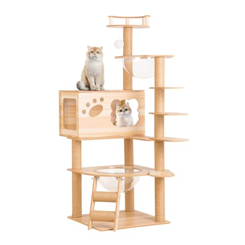 SEASAND Kratzbaum aus Holz, moderner Katzenturm für Indoor-Katzen, großes Katzennest, Acryl-Raumkapsel, ausgestattet mit 11 Greifsäulen, obere Aussichtsplattform, Katzenmöbel von SEASAND