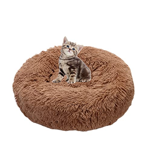 SEDOXX Donut-Katzenbett, Anti-Angst, Haustierbett, Kunstfell, beruhigendes Bett, weiches Haustierkissen, selbstwärmend für kleine/mittlere/große Hunde, Katzen, Kuschelbett, 50 cm, Khaki von SEDOXX