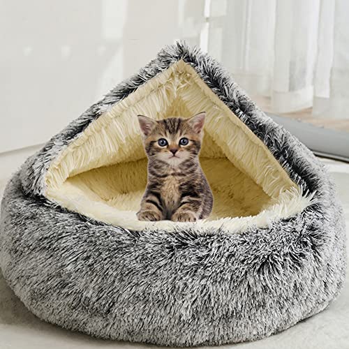 SEDOXX Haustierhöhle Bett Katzensofa Halbgeschlossen Katzenhaus Haustiernest für Kätzchen Welpen 2-in-1 Bett Katzenkissen Bett Indoor Katze Schlafbett Plüschzelt gemütlich, Plüsch, 40 cm, Grau von SEDOXX