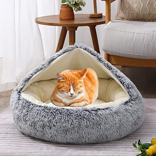 SEDOXX Haustierhöhle Bett Katzensofa Halbgeschlossen Katzenhaus Haustiernest für Kätzchen Welpen 2-in-1 Bett Katzenkissen Bett Indoor Katze Schlafbett Plüschzelt gemütlich, Samt, 50 cm, Grau von SEDOXX