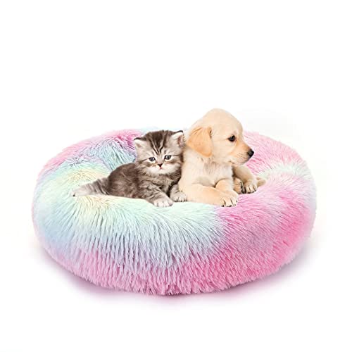 SEDOXX Rundes Hundebett Katzenbett Donut Haustierbett für drinnen Katzen Schlafbett Plüsch Flauschiges Bett Weiches Warm Kätzchen Welpe Kissen Mittelgroße Hunde Haustiernest 120 cm, Regenbogen von SEDOXX