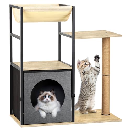 SEHERTIWY Katzenbaum, Katzenturm für Indoor-Katzen, Katzenbaumturm mit Katzenhütte, Hängematte und Sisal-Kratzbaum für Kätzchen und Katzen, Grau von SEHERTIWY