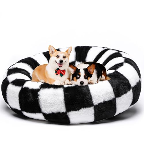 SEIMMIE Donut Kariertes kleines Hundebett, rundes Hundebett, Plüsch, Haustierbett für Welpen und Kätzchen, mit rutschfester Unterseite, Schwarz, 60 x 60 cm SEIMMIE Donut Kariertes kleines Hundebett, rundes Hundebett, Plüsch, Haustierbett für Welpen und Kätzchen, mit rutschfester Unterseite, Schwarz, 60 x 60 cm von SEIMMIE