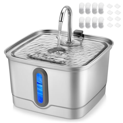 SEIRMEP Edelstahl Katze Wasserbrunnen, 2,863.3 g/3L Automatischer Haustier Wasserbrunnen, Hund Wasserbrunnen mit Ersatzfiltern für Katzen, kleine Hunde (8 Filter und 8 Schwämme) von SEIRMEP