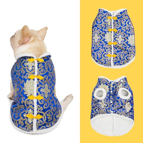 SEIS Cheongsam-Kostüm, Winterkleidung der Tang-Dynastie, warme Weste, Outfit für Katzen, Teddy, Bichon, kleine, mittelgroße Hunde (Blau, Größe M (Brustumfang 49,8 cm) von SEIS