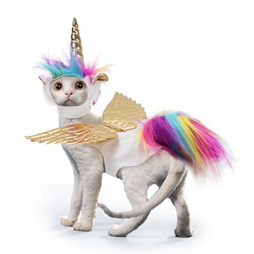 SEIS Halloween-Katzen-Einhorn-Kostüm und Hut, lustige Haustierflügel-Kleidung, kreative Kätzchenbekleidung für Cosplay, Katzen, kleine Hunde (Brustumfang 36,1 cm - 52,1 cm) von SEIS