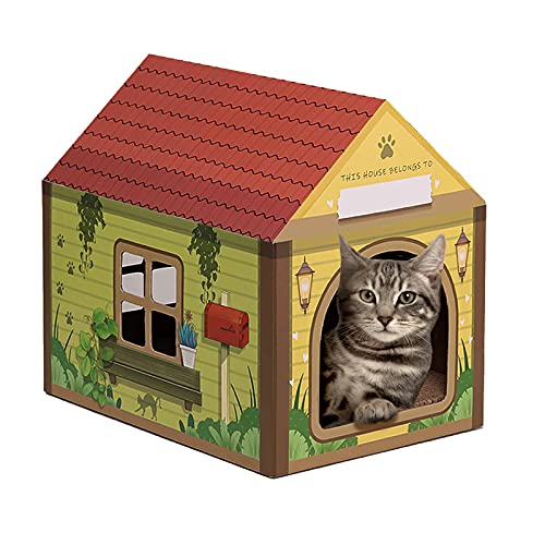 SEKAM Katzenhaus aus Karton mit Kratzer/Katzenminze, 41,8 cm L x 30,5 cm B x 38,1 cm H, Katzenspielhaus für Indoor-Katzen, personalisierter Namensraum für Kätzchen, gewölbte Waldhütte, von SEKAM