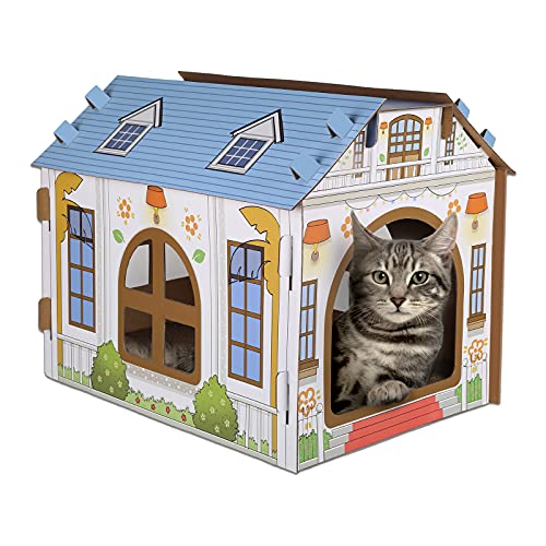 SEKAM Katzenhaus aus Karton mit Kratzer/Katzenminze, 41.8 cm Lx30.5 cm Bx33 cm H), Katzenspielhaus für Katzen, Katzen-Kratzspielzeug, Geburtstag, Versteck für Häschen und kleine Tiere von SEKAM