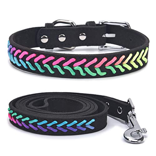 Handgewebtes Mikrofaser-Hundehalsband mit Leine, buntes gewebtes Haustier-Halsband, verstellbares Halsband-Set, schwarz, Größe L von SEKAYISORE