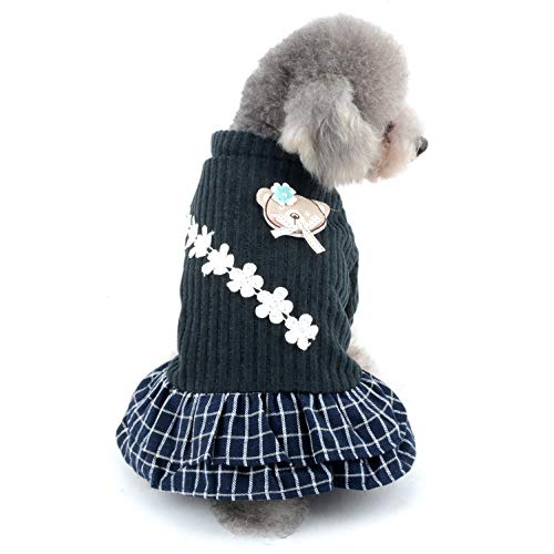 SELMAI Chihuahua Pullover für Kleine Hunde Winter Kleidung für Katzen Gestrickt Sweater Fleece Gefüttert Dackel Schönes Mädchen Wintermantel Welpen Blumendekoration Mode Plaid Rock Blau M von SELMAI