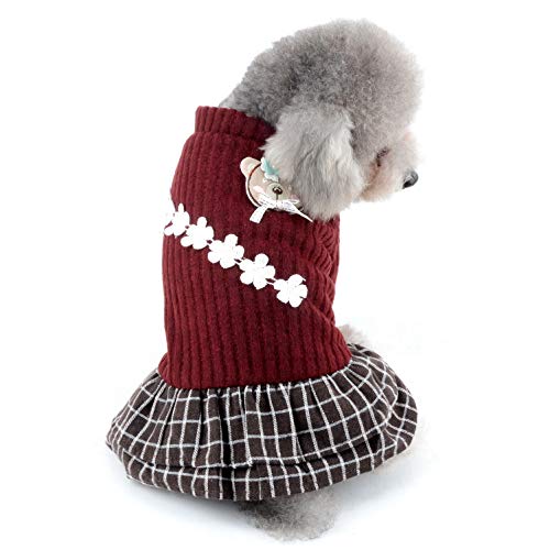 SELMAI Chihuahua Pullover für Kleine Hunde Winter Kleidung für Katzen Gestrickt Sweater Fleece Gefüttert Dackel Schönes Mädchen Wintermantel Welpen Blumendekoration Mode Plaid Rock Rot XL von SELMAI