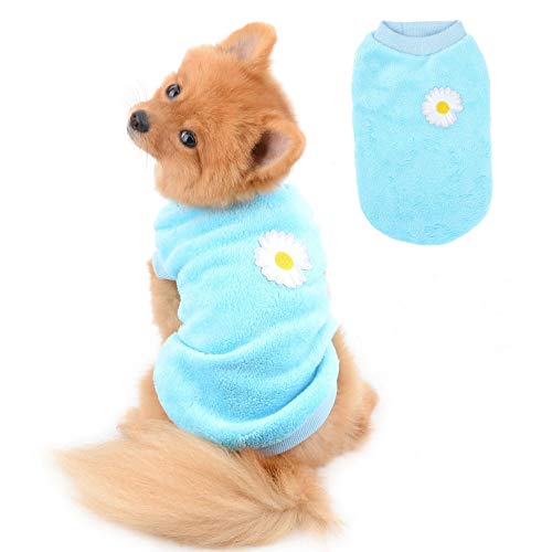 SELMAI Dog Sweater Schöne Stickerei Blumenpullover für Dackel Soft Fleece Wintermäntel für Kleine Hunde Mädchen Chihuahua Kleidung für Haustier Katzen Täglich Tragen Winddichter Kaltwetter Blau XL von SELMAI