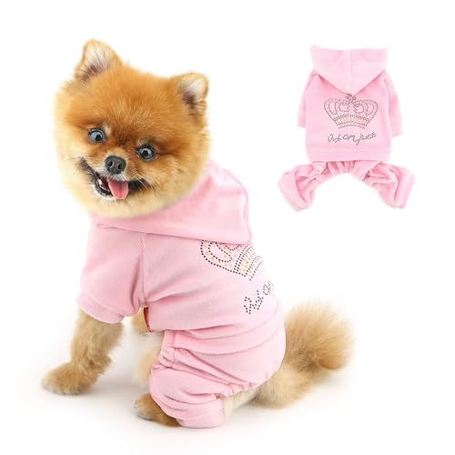 SELMAI Mädchen-Hundekleidung für kleine Hunde, niedliches Hunde-Outfit, Strass-Krone, dehnbarer Welpen-Pyjama, weicher Samt-Kapuzenpullover mit 4 Beinen, leichter Haustier-Trainingsanzug, von SELMAI