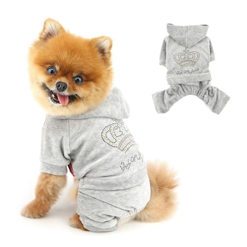 SELMAI Mädchen-Hundekleidung für kleine Hunde, niedliches Hunde-Outfit, Strass-Krone, dehnbarer Welpen-Pyjama, weicher Samt-Kapuzenpullover mit 4 Beinen, leichter Haustier-Trainingsanzug, von SELMAI