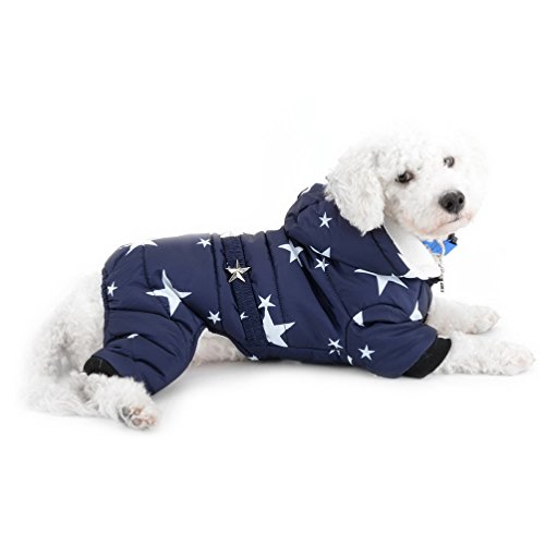 SELMAI Schneeanzug für kleine Hunde, Fleece-gefüttert, Sterngürtel, Kapuze, Overall, Vierbeine, Hose, Wintermäntel, Welpen, Hunde, Chihuahua, Kleidung, Outfits, Blau, XL von SELMAI