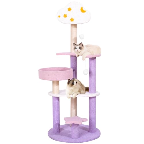 SENNAUX Cat Tree Katzenturm 124,5 cm mehrstufiger Katzenbaum mit Kratzbaum & Spielzeug mit Mond Stern Wolke für Kätzchen Haustierhaus Spielruhe, Violett von SENNAUX