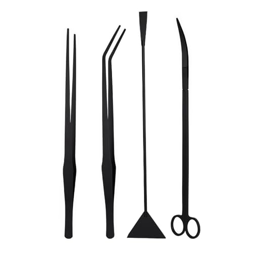 Aquarium Aquascape Tools Kit, 4 in 1 Fischtank Reinigungswerkzeug Edelstahl Pinzette Schere Spatel-Set für Aquarium Landschaft Arrangement (Schwarz) von SENRISE