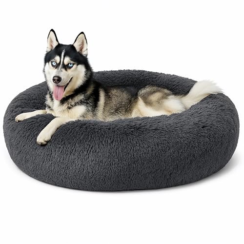 Beruhigendes Donut-Katzenbett, flauschiges, rundes Plüsch-Hundebett, gemütlich, weich, waschbar, Kissen, selbstwärmendes Haustierbett, rutschfeste Unterseite, Anti-Angst, schlafendes Kuschelnest für von SEOUGEE