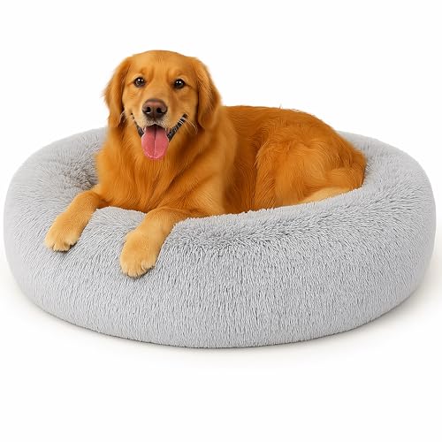 Beruhigendes Donut-Katzenbett, flauschiges, rundes Plüsch-Hundebett, gemütlich, weich, waschbar, Kissen, selbstwärmendes Haustierbett mit rutschfester Unterseite, Anti-Angst, schlafendes Kuschelnest von SEOUGEE
