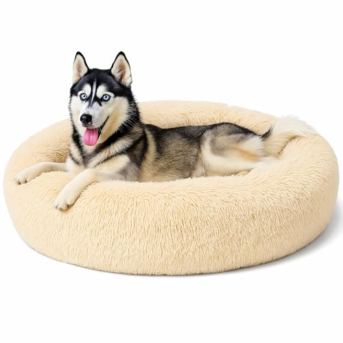 Beruhigendes Donut-Katzenbett, flauschiges, rundes Plüsch-Hundebett, gemütlich, weich, waschbar, Kissen, selbstwärmendes Haustierbett mit rutschfester Unterseite, Anti-Angst, schlafendes Kuschelnest von SEOUGEE