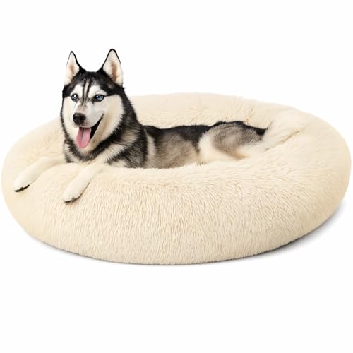 Beruhigendes Donut-Katzenbett, flauschiges, rundes Plüsch-Hundebett, gemütlich, weich, waschbar, selbstwärmendes Haustierbett mit rutschfester Unterseite, Anti-Angst, Schlaf-Kuschelnest für von SEOUGEE