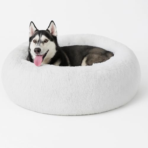 Beruhigendes Donut-Katzenbett, flauschiges, rundes Plüsch-Hundebett, gemütlich, weich, waschbar, selbstwärmendes Haustierbett mit rutschfester Unterseite, Anti-Angst, Schlaf-Kuschelnest für von SEOUGEE