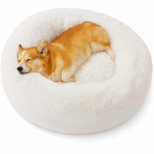 Beruhigendes Donut-Katzenbett, flauschiges, rundes Plüsch-Hundebett, gemütlich, weich, waschbar, selbstwärmendes Haustierbett mit rutschfester Unterseite, Anti-Angst, Schlaf-Kuschelnest für von SEOUGEE