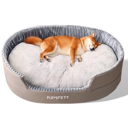 SEOUGEE Hundebett, mittelgroß, warm, gemütlich, Plüsch, beruhigend, rund, für kleine Hunde und Katzen, weich, waschbar, wendbar, Anti-Angst, rutschfeste Unterseite, mittelgroßes Welpenbett (L, Grau) von SEOUGEE