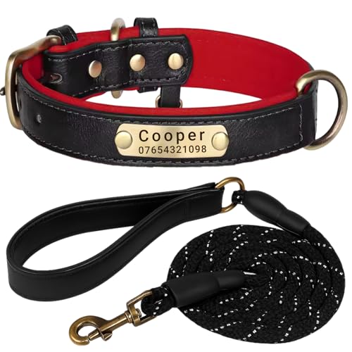 SEOUGEE Hundehalsband aus echtem Leder, personalisierbar und Leine, weich gepolstert, strapazierfähig, mit individuellem Namensschild für kleine, mittelgroße und große Hunde (S, Schwarz, Set 23–32 cm) SEOUGEE Hundehalsband aus echtem Leder, personalisierbar und Leine, weich gepolstert, strapazierfähig, mit individuellem Namensschild für kleine, mittelgroße und große Hunde (S, Schwarz, Set 23–32 cm) von SEOUGEE