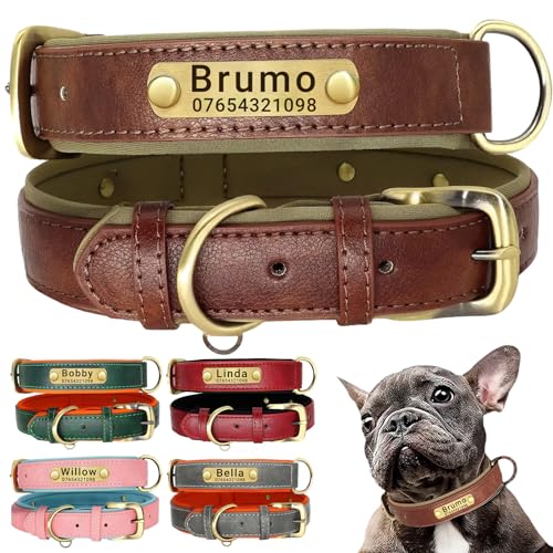 SEOUGEE Hundehalsband aus echtem Leder, personalisierbar und mit Leine, weich gepolstert, strapazierfähig, mit individuellem Namensschild für kleine, mittelgroße und große Hunde (L, Braun 35–45 cm) von SEOUGEE