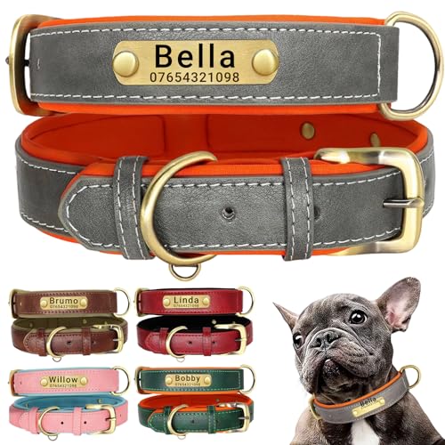 SEOUGEE Hundehalsband aus echtem Leder, personalisierbar, weich gepolstert, strapazierfähig, mit individuell graviertem Namensschild, verstellbar für kleine, mittelgroße und große Hunde (L, Grau 35–45 SEOUGEE Hundehalsband aus echtem Leder, personalisierbar, weich gepolstert, strapazierfähig, mit individuell graviertem Namensschild, verstellbar für kleine, mittelgroße und große Hunde (L, Grau 35–45 von SEOUGEE